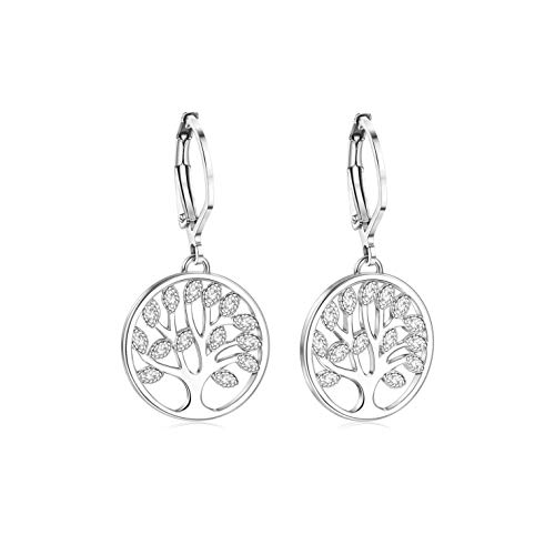 CASSIECA Lebensbaum 925 Sterling Silber Ohrringe Creolen Baum des Lebens für Damen Mädchen Klein Kreis Anhänger Ohrringe mit Zirkonia Anti-Allergie Ohrringe Wunderbare Ohrringe mit Schmuckbox von CASSIECA