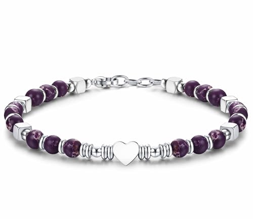 CASSIECA Boho Armband Damen Natürliches Steine Armbänder für Frauen 316L Edelstahl Herz Armband Einstellbare Amethyst Armband Weihnachten Geburtstag Geschenke Frauen Schmuck mit Geschenk-Box von CASSIECA