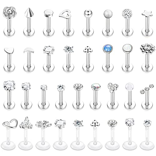 CASSIIECA 34 Stück 16 G Edelstahl Lippen Stecker Set für Frauen Mädchen Knorpel Helix Tragus Ohrringe Kugel CZ Herz Blume Lippen Stecker Body Piercing Schmuck Geschenke für Frauen von CASSIECA