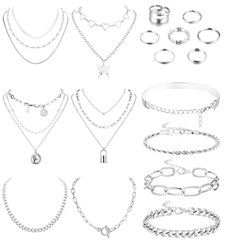 CASSIECA Silber Schmuck Sets für Frauen 17 Stück Chmuckset für Teenager-Mädchen mit Halsketten Armbändern Ringen Schmuckpaketen für ihren Geburtstag Weihnachten Valentinstag Frauengeschenke von CASSIECA