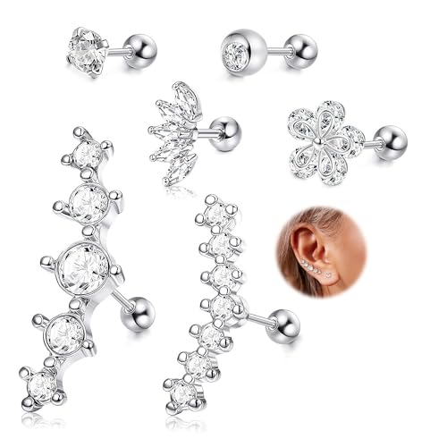 CASSIECA 6 Stück Cartilage Tragus Helix Ohrringe Piercing für Frauen Chirurgischer Ohrknorpel Ohrringe Damen Tragus Helix Ohrring Silber Gold Tragus Helix Piercing Schmuck von CASSIECA