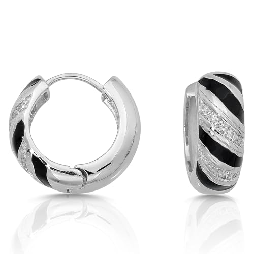 Cassini | Creolen mit Zirkonia-Kristallen, elegante Damenohrringe, breite Creolen mit schwarzen Streifen, ⌀ ca. 20 mm 3CSJ von CASSINI Sterling Silver