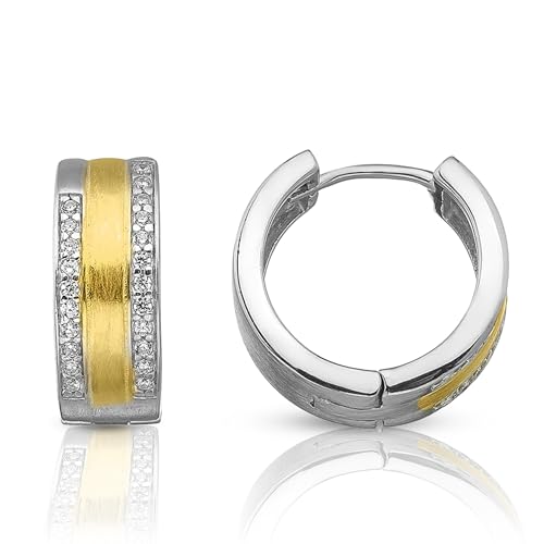 Cassini Bicolor Klappcreolen Damen – Elegante Silber-Gold Creolen aus 925 Sterling Silber, nickelfrei & hypoallergen mit Zirkonia ca. 16mm⌀, rhodiniert & mattiert, mittelgroße Ohrringe, 3CAE von CASSINI Sterling Silver