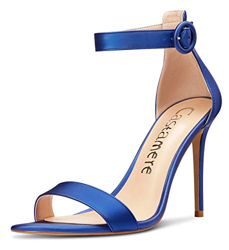 Castamere Damen High Heels Peep Toe Sandalen Ankle Strap Stilettos 10CM Blau Satin Schuhe EU 41 von Castamere