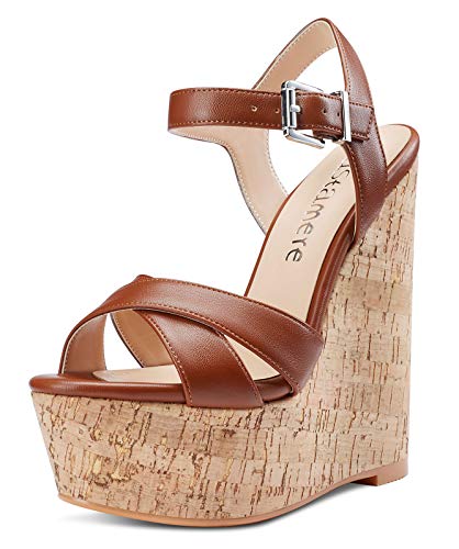 Castamere Damen High Heels Plattform Wedge Keilsandale Mode Peep-Toes Ankle Strap Keilabsatz Shoes Braun Pu Schuhe EU 37 von Castamere