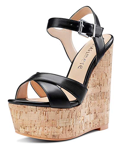 Castamere Damen High Heels Plattform Wedge Keilsandale Mode Peep-Toes Ankle Strap Keilabsatz Shoes Schwarz Pu Schuhe EU 39 von Castamere