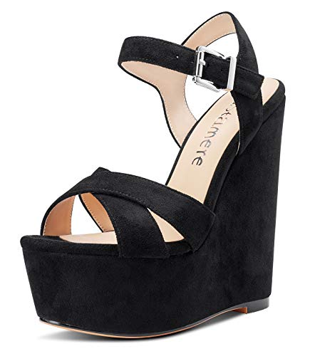 Castamere Damen High Heels Plattform Wedge Keilsandale Mode Peep-Toes Ankle Strap Keilabsatz Shoes Schwarz Wildleder Schuhe EU 37 von Castamere