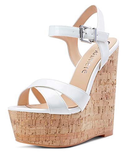 Castamere Damen High Heels Plattform Wedge Keilsandale Mode Peep-Toes Ankle Strap Keilabsatz Shoes Weiß Lackleder Schuhe EU 41 von Castamere