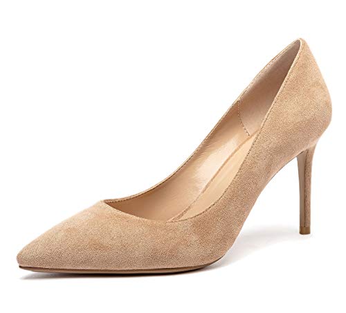 Castamere Damen High Heels Spitzen Zehen Mode Stilettos Slip-On Pumps 8.5CM Beige Nackt Wildleder Schuhe EU 38 von Castamere