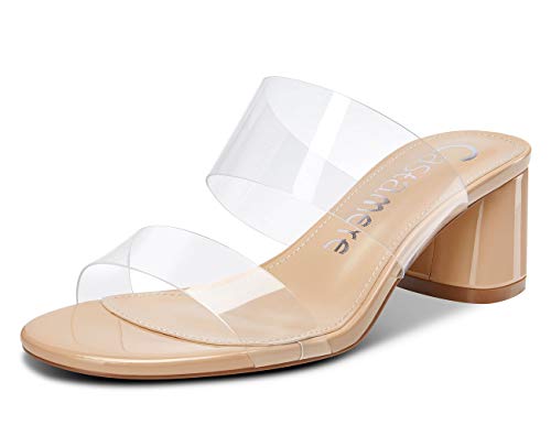 Castamere Damen Peep Toe Slip-On Sandalen Klar Transparent Blockabsatz 5CM Mittel Heel Beige Nackt Schuhe EU 37.5 von Castamere