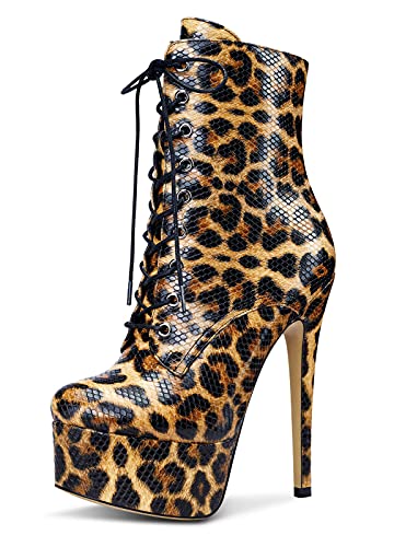 Castamere Damen Plattform Mode-Stiefel Reißverschluss Knöchelhoch Boots Stilettos 15CM High Heels Braun Leopard Schuhe EU 45 von Castamere