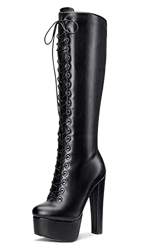 Castamere Damen Plattform Stiefel Reißverschluss Mid Calf Boots Blockabsatz 15CM High Heels Schwarz Matte Schuhe EU 37 von Castamere