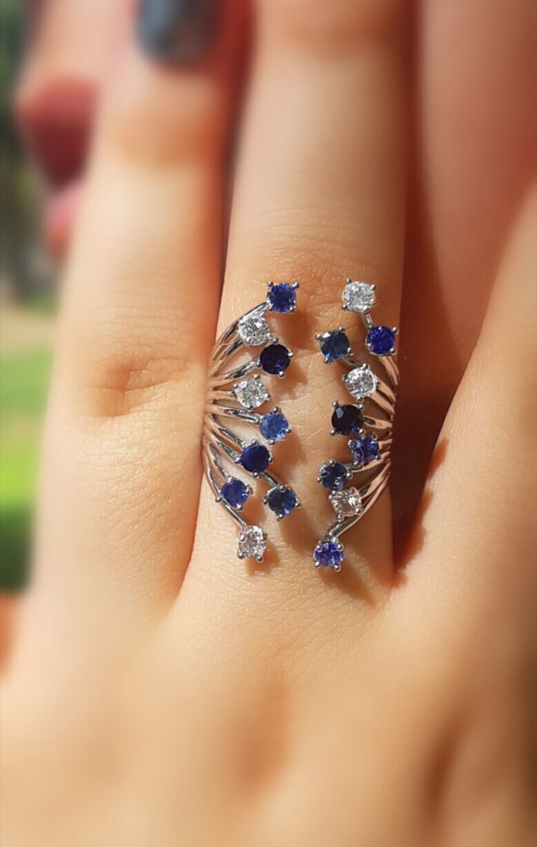 Blauer Saphir Ring Silber, Multistone Ring, Verstellbare Silber Ringe Für Frauen, Cocktail Cluster Ring/Unikat von CASUFjewellry