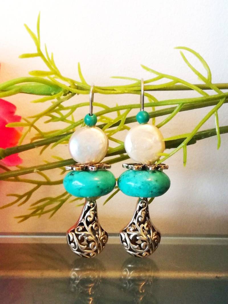 Natürliche Perlen Ohrringe, Und Türkis Ohrringe Silber, Große Tropfen in 925 Sterling Silber von CASUFjewellry