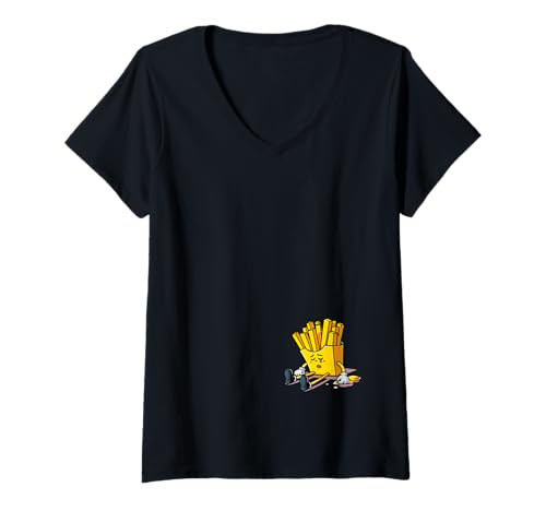 Damen Pommes Frites T-Shirt mit V-Ausschnitt von CAT2N