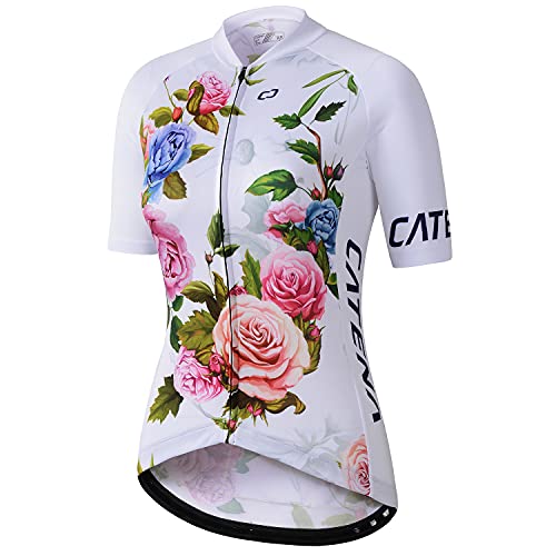 CATENA Radtrikot Damen Kurzarm Fahrradtrikot Moutainbike Tops Fahrradshirt Bikeshirts MTB Rennrad Radsport Bekleidung Atmungsaktiv Schnell Trocknend Einfarbig Cycling Jersey für Frauen, Weiß, L von CATENA