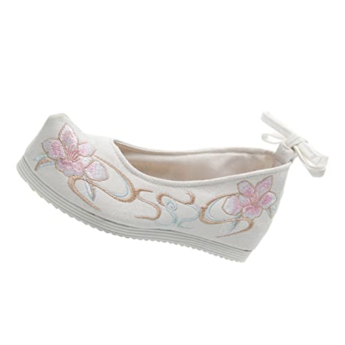 CATIEBYE 1 Paar Bestickte Schuhe Hanfu-Schuh Ballettschuhe Hausschuhe Schuhe Damen Riemchensandalen Für Damen Frauen Pumpt Bestickte Flache Schuhe Spitze Chinesisches Kleid Segeltuch Weiß von CATIEBYE