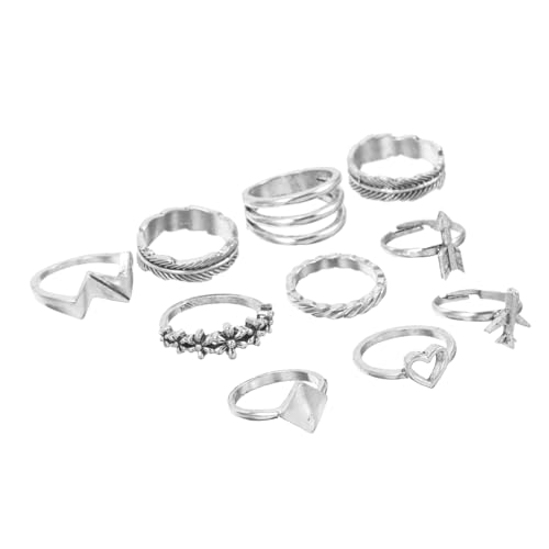 CATIEBYE 10 Teiliges Geometrisches Ringset für Frauen Filigrane Metallringe mit Herz Blumen und Flugzeugdesign Stapelbare Robuste Modeschmuck Ringe für Festivals Partys und Alltag von CATIEBYE