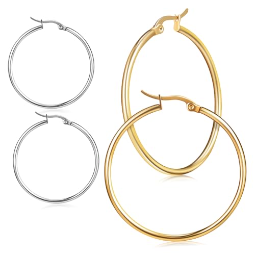 CATIEBYE 2 Paare Creolen Ohrringe für Frauen Goldfarbene Silberne Runde Statement Ohrringe für Freizeit Partys und Urlaub von CATIEBYE