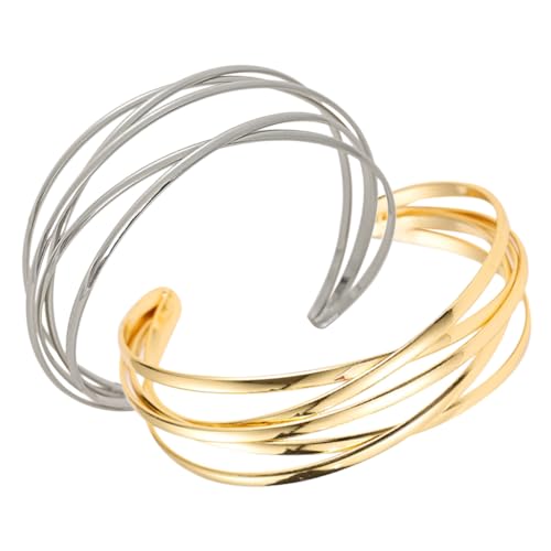 CATIEBYE 2 Stück Multilayer Armreifen Teilig Offene Metall Armspangen Stapelbar Modischer Armschmuck für Frauen Gold Silber von CATIEBYE