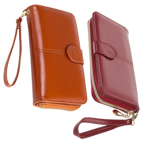 CATIEBYE 2 Stück Ölwachsleder Vintage Damen Langbörse mit Großem Fassungsvermögen Multifunktionale Handgelenktasche mit Handyfach Kreditkarten und Geldscheinfächer Teiliges Braun und von CATIEBYE