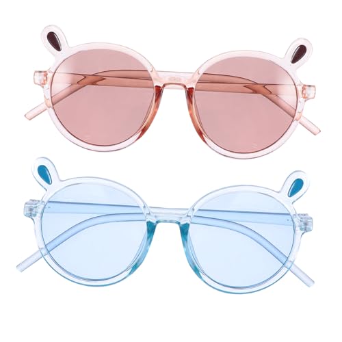 CATIEBYE 2 Stück Sonnenbrille Rundrahmen mit Bärenohren Niedlich UV Schutz für Jungen und Mädchen Outdoor Party Strand Alltag Transparent Blau von CATIEBYE