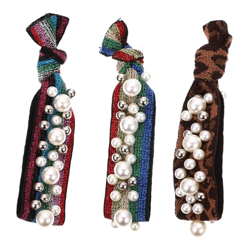 CATIEBYE 3 Stück Perlen Haargummis Elastische Haargummis mit Leopardenmuster und Perlendekor Kreative Pferdeschwanz Halter Modischer Haarschmuck für Damen und Mädchen Bequeme Ponytail von CATIEBYE