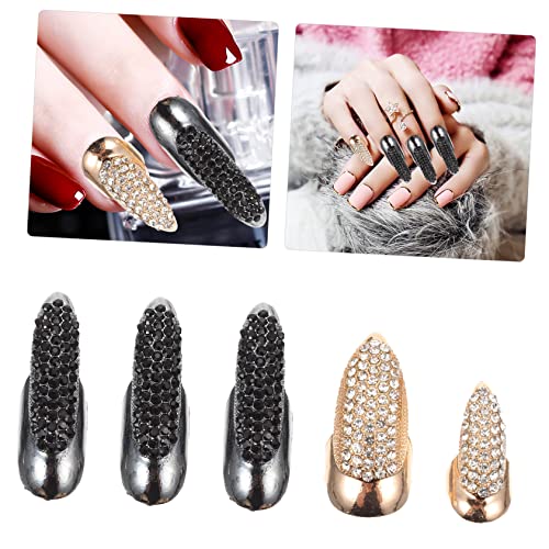 CATIEBYE 5 Stück Teiliges Punk Girl Fingerring mit Glitzersteinen Lange Spitze Fingernägel Gelenkringe in Schwarz und Gold für Auffälligen Look und Vielseitige Stylingmöglichkeiten von CATIEBYE