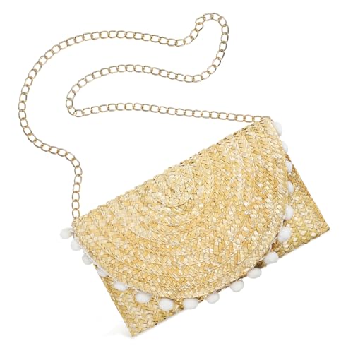 CATIEBYE Bohemian Strohtasche Damen mit Fellbommel Vintage Umhängetasche aus Geflochtenem Stroh Crossbody Bag für Strand und Freizeit Magnetischer Metallverschluss Natürliche von CATIEBYE