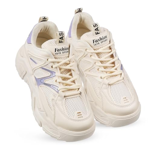 CATIEBYE Damen Chunky Sneakers mit Rutschfester Sohle Bequeme Plateau Sportschuhe aus Strapazierfähigem PU Vielseitige Freizeitschuhe in Beige von CATIEBYE