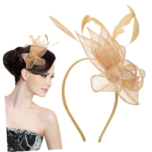 CATIEBYE Fascinator Hut Clip Mit Federn Für Damen Vintage Haaraccessoire Für Tea Party Hochzeit Und Cocktail Elegantes Stirnband Und Haarschmuck Gold von CATIEBYE