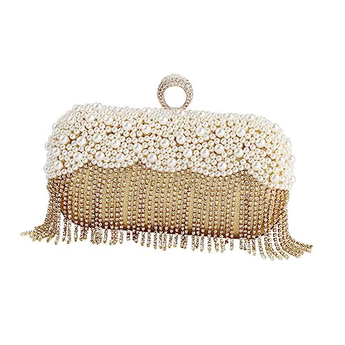CATIEBYE Goldene Clutch Handtasche mit Perlen und Quaste Abendtasche für Damen Mittelgroßes Fassungsvermögen Langlebiges Material für Hochzeit Party Bankett und Festliche Anlässe von CATIEBYE