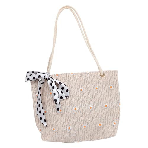CATIEBYE Große Stroh Umhängetasche Damen mit Schleifen Design Gewebte Strandtasche für Alltag Party und Shopping Leichte Reisehandtasche in Beige Stilvoll und Geräumig Zufälliger Stil von CATIEBYE