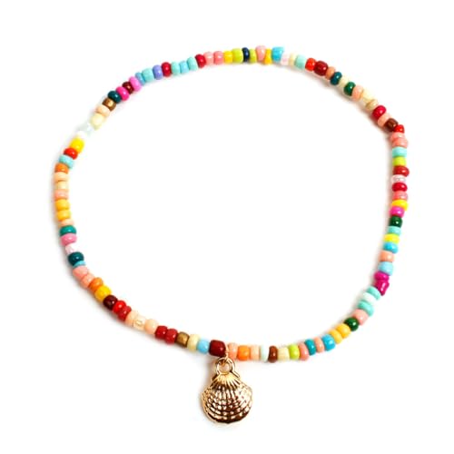 CATIEBYE Handgefertigte Bunte Fußkette mit Muschelanhängern Verstellbare Strand Fußkettchen aus Langlebiger Legierung und Farbigen Perlen Modisches Schmuckaccessoire für Damen Urlaub und von CATIEBYE
