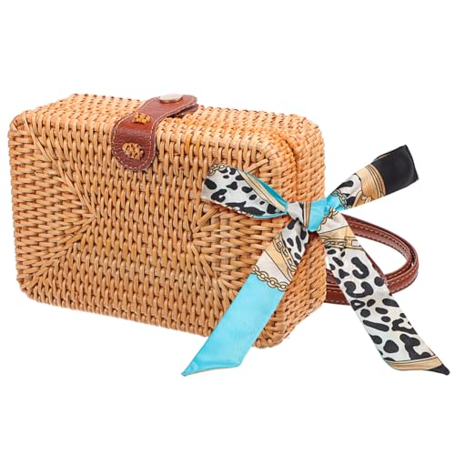 CATIEBYE Handgewebte Strohtasche Damen Sommer Crossbody Schultertasche mit Dekorativem Seidenschal Vielseitige Clutch Strandtasche für Frauen und Mädchen von CATIEBYE