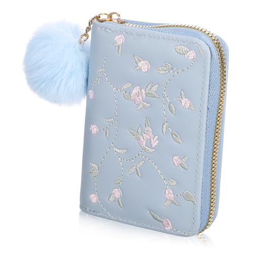 CATIEBYE Kleine Damen Geldbörse mit Münzfach und Kreditkartenhalter Kompakte Leichte PU Brieftasche mit Reißverschluss Portables Mini Portemonnaie mit Elegantem Blumenmuster für Alltag und von CATIEBYE