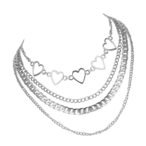 CATIEBYE Mehrschichtige Herz Halskette Damen Silberfarbene Kette mit Filigranem Herzanhänger Eleganter Schlüsselbein Schmuck Modisches Accessoire für Alltag und von CATIEBYE