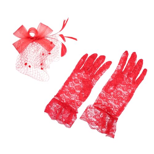 CATIEBYE Bankett Fascinator Mesh Hut Floral Spitze Handschuhe Hochzeit Party Set Rot Elegante von CATIEBYE