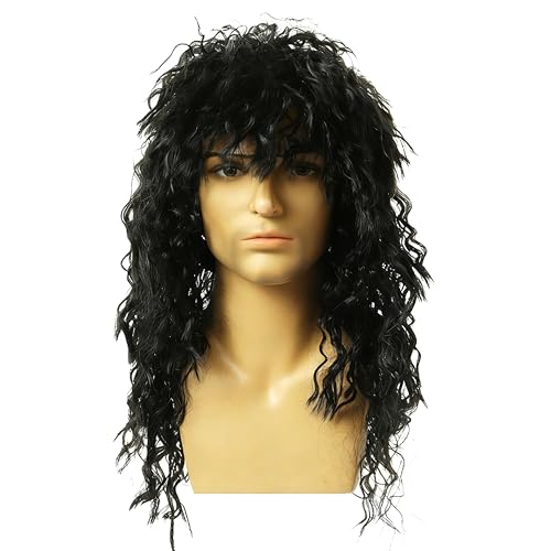 CATMEYE Herren Perücke, Lange Schwarze Lockige Mullet Frisur, 70er 80er Jahre Stil für Heavy Metal Party (Schwarz) von CATMEYE