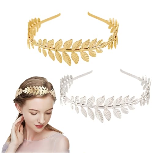 2 PCS Römische Göttin Haarreif, Damen Haarband Kopfschmuck Braut, Mädchen Lorbeerkranz Haarschmuck Goldene Hochzeit Boho Blatt Haar Krone Accessories (Gold und Silber) von CATOR