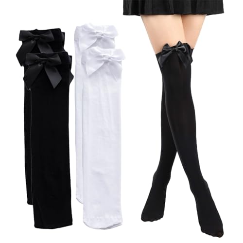 2 Paar Damen Strümpfe mit Schleife, Kniestrümpfe Overknee-Strümpfe, Baumwolle Lange Gestreifte Socken Hoch Booten Strümpfe, Kniestrümpfe verstärkte Damenkniestrümpfe (Schwarz+Weiß) von CATOR