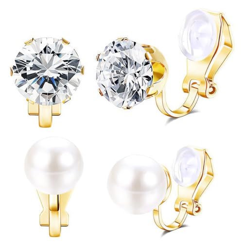 2 Paare Ohrclips Clip Ohrringe Damen Gold Clip Ohrringe Set Hypoallergen Tropfen Chunky Statement Perle Stein Runde Ohrringe Clips Kein Piercing Gefälschte Ohrringe von CATOR