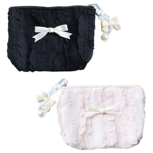2 Stück Mini Geldbeutel Täschchen, Tasche mit Spitzenschleife, Klein Mini Canvas Geldbörse mit Reißverschluss, Niedliche Leinwand Brieftasche, Schminktasche Münztaschen(rosa und schwarz) von CATOR