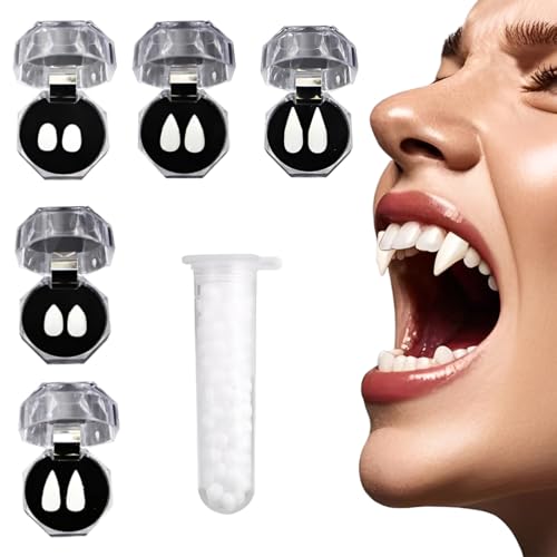 5 Pairs Vampir Zähne Kit 5 Größen Vampirzähne Halloween Cosplay Vampir Fangs Gefälschte mit 1 Rohr Zähne Pellets Klebstoff für Party Cosplay, Halloween, Demon, Witch von CATOR