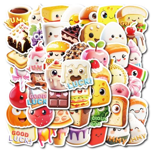 50 Stück 3D anthropomorphes leckeres Essen Set, süße Essen Aufkleber wasserfeste Vinyl Aufkleber ästhetische Aufkleber Sammelalbum, Einschließlich Burger, Toast, Kuchen usw von CATOR