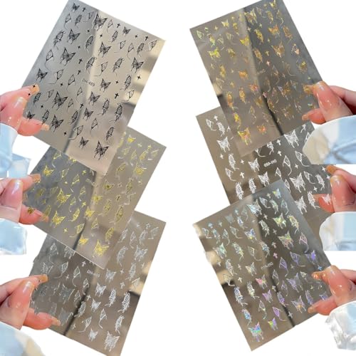 6 Blatt Nagelsticker, Schmetterlings Nagelkunstaufkleber, Nail Art Sticker Selbstklebend Nagelaufkleber Gold Dekoration Nageldesign Zubehör von CATOR