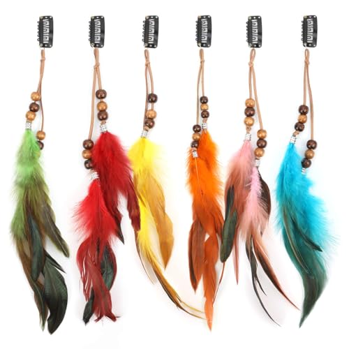 6 Stück Federn Haar Extensions, Boho Federn Haarschmuck, Indianer Federn Haarschmuck, Hippie Kopfschmuck mit Pfauenfedern, Kopfschmuck Haarverlängerung, Boho Haarschmuck für Faschingskostüm Karneval von CATOR