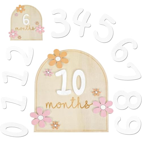 CATOR 1 Pcs Baby Monatliche Meilenstein Karten mit Klebepunkten Blumen-Stil Baby Meilensteinkarten Holz Foto Requisiten für Kleinkinder von 0-12 Monaten Babyparty Wachstumsaufzeichnung von CATOR