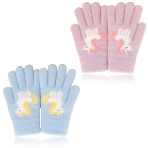 CATOR 2 Paar warme Strickhandschuhe für Kinder, bunte Kristallsand-Handschuhe weiche Thermo-Handschuhe Kinder-Vollfinger-Fäustlinge mit neuartigem Einhorn-Muster für Mädchen im Alter von 6-11 Jahren von CATOR