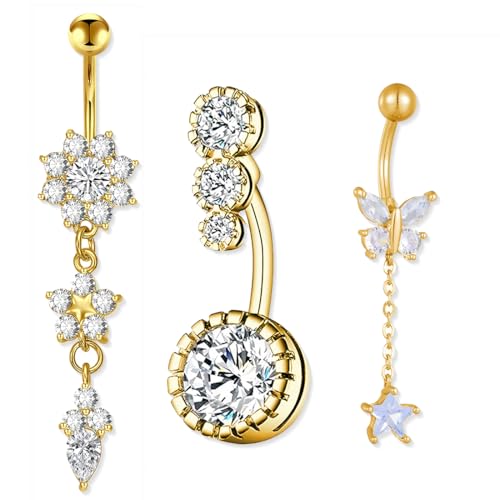 CATOR 3 Stück bauchnabelpiercing 14G Baumelnd Bauchnabel Chirurgenstahl baumelnden Bauchnabel Ringe Gold Blume Schmetterling Herz Nabel Piercing Schmuck für Frauen von CATOR